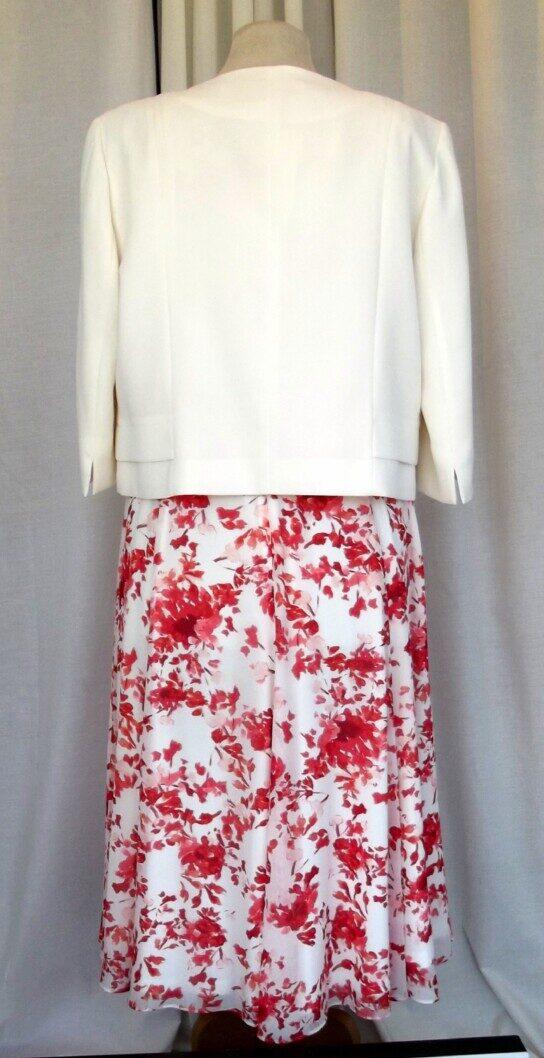 Jacques Vert JACQUES VERT COLLECTION IVORY CHIFFON DRESS HOT PINK FLORAL PRINT & MATCHING IVORY CREPE POCKET DETAIL JACKET