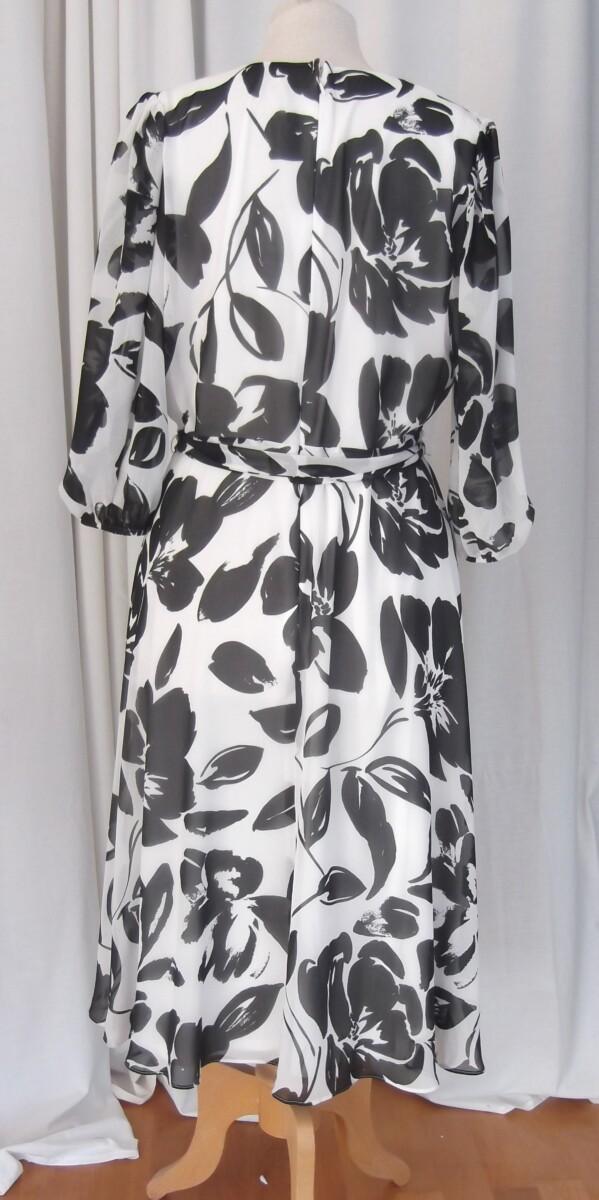 Jacques Vert JACQUES VERT COLLECTION IVORY CHIFFON DRESS LARGE BLACK FLORAL SHADOW PRINT TRUE CROSS OVER BODICE