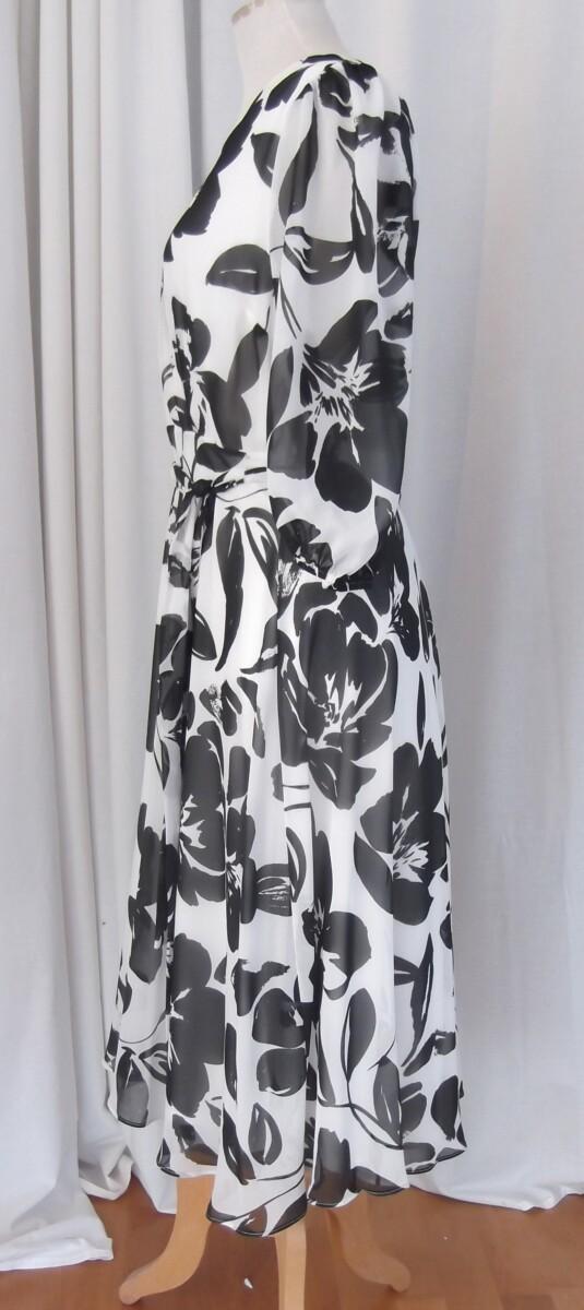 Jacques Vert JACQUES VERT COLLECTION IVORY CHIFFON DRESS LARGE BLACK FLORAL SHADOW PRINT TRUE CROSS OVER BODICE