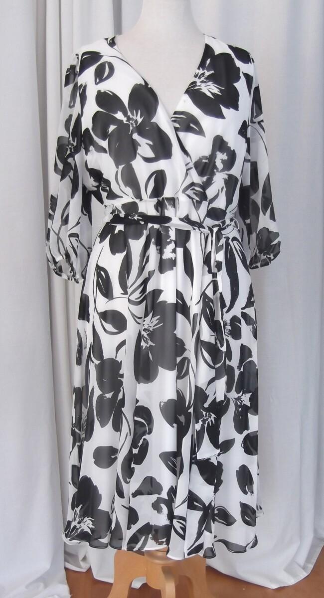 jacques vert JACQUES VERT COLLECTION IVORY CHIFFON DRESS LARGE BLACK FLORAL SHADOW PRINT TRUE CROSS OVER BODICE