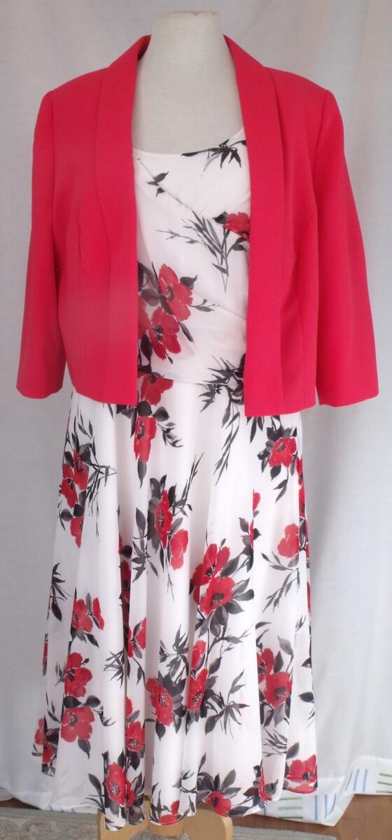 jacques vert JACQUES VERT COLLECTION IVORY CHIFFON DRESS POPPY RED PRINT & POPPY RED CREPE DRAPE JACKET