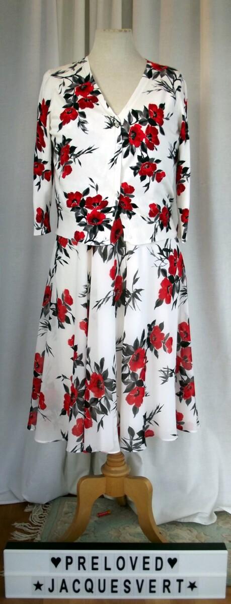 jacques vert JACQUES VERT “COLLECTION” IVORY CHIFFON DRESS POPPY RED PRINT & POPPY RED PRINTED CARDIGAN