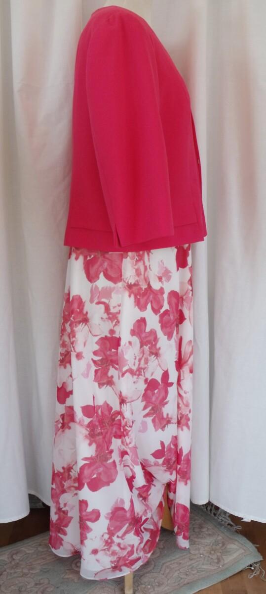 Jacques Vert JACQUES VERT COLLECTION IVORY CHIFFON MAXI DRESS HOT PINK FLORAL PRINT & MATCHING HOT PINK CREPE POCKET DETAIL JACKET