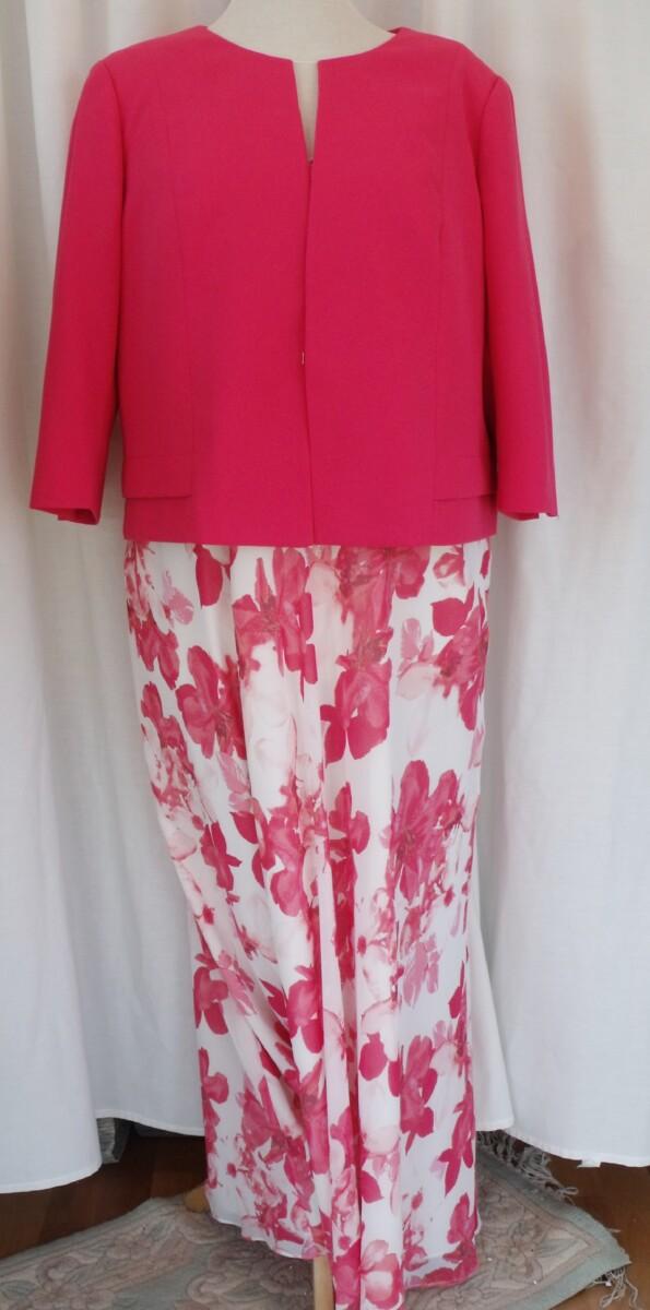 jacques vert JACQUES VERT COLLECTION IVORY CHIFFON MAXI DRESS HOT PINK FLORAL PRINT & MATCHING HOT PINK CREPE POCKET DETAIL JACKET