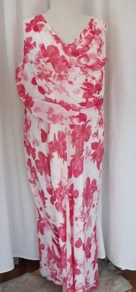 Jacques Vert JACQUES VERT COLLECTION IVORY CREPE CHIFFON MAXI DRESS HOT PINK FLORAL PRINT & MATCHING IVORY SHANTUNG POCKET DETAIL JACKET