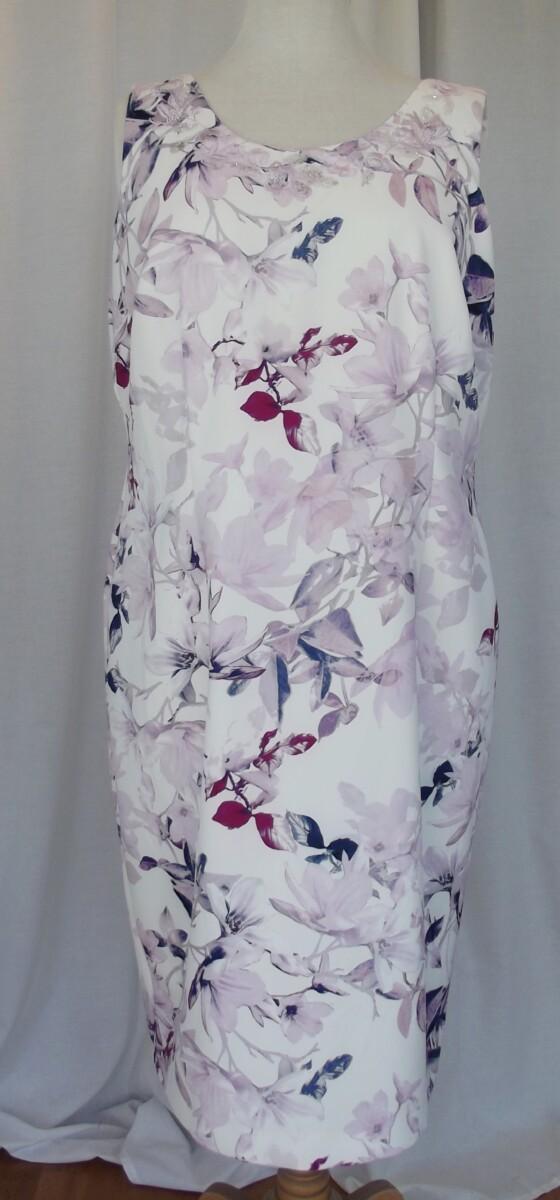 Jacques Vert JACQUES VERT COLLECTION IVORY CREPE SHIFT DRESS LILAC PRINT BEADED NECKLINE