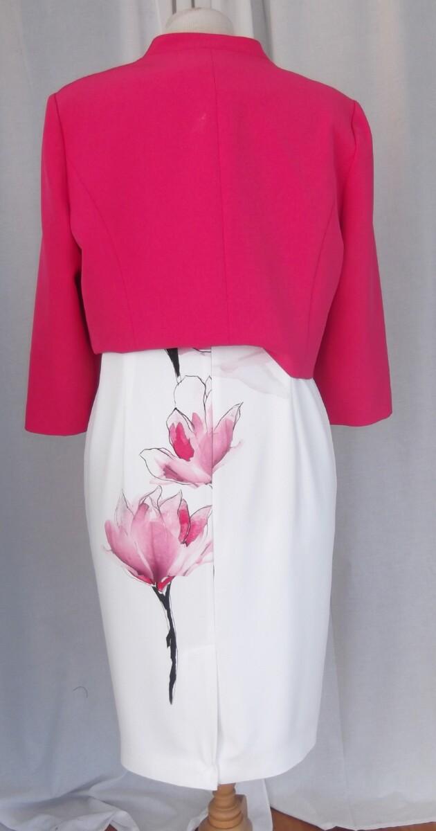 Jacques Vert JACQUES VERT “COLLECTION “IVORY CREPE SHIFT DRESS PINK MAGNOLIA PLACEMENT PRINT & MATCHING PINK CREPE SHORT JACKET