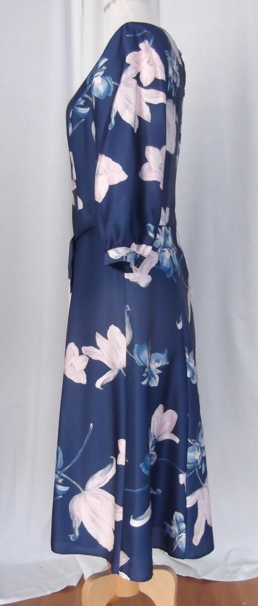 Jacques Vert JACQUES VERT COLLECTION LONG SLEEVED NAVY SILK LIKE DRESS PINK & BLUE FLORAL PRINT