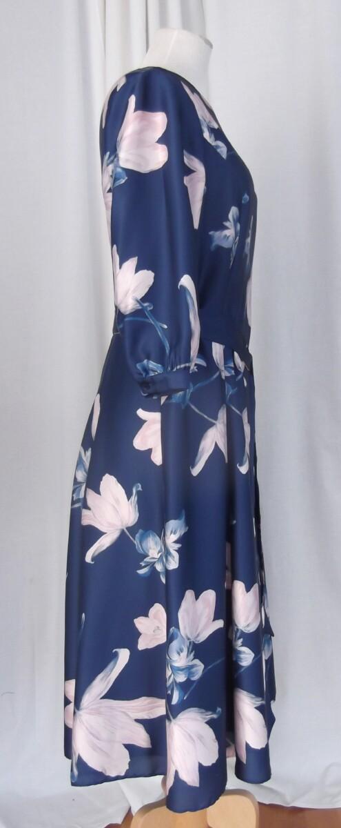 Jacques Vert JACQUES VERT COLLECTION LONG SLEEVED NAVY SILK LIKE DRESS PINK & BLUE FLORAL PRINT