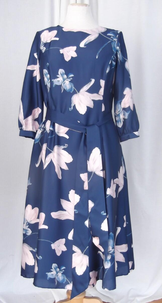 jacques vert JACQUES VERT COLLECTION LONG SLEEVED NAVY SILK LIKE DRESS PINK & BLUE FLORAL PRINT