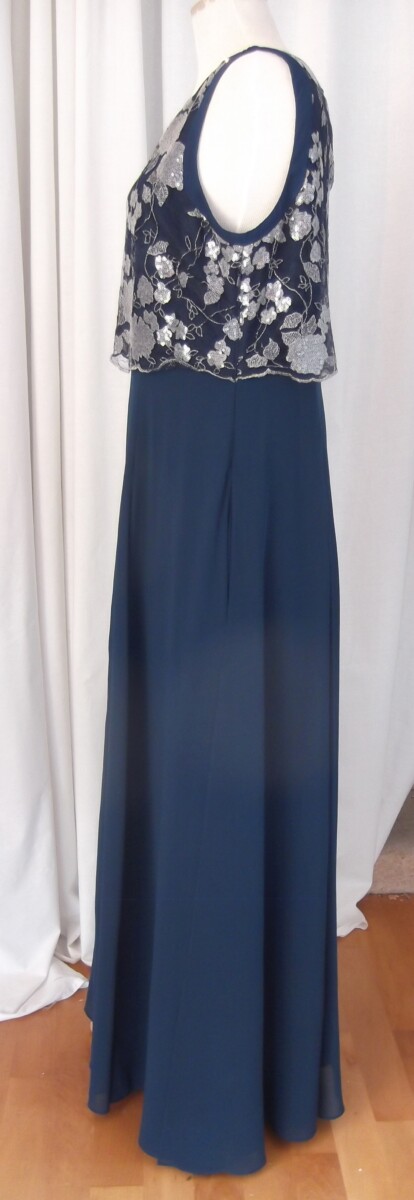 Jacques Vert JACQUES VERT COLLECTION MAXI DRESS OF PRUSSIAN BLUE CHIFFON LOOSE LACE BODICE SEQUINNED IN SILVER 8 LOOSE PANELS FOR FULLNESS
