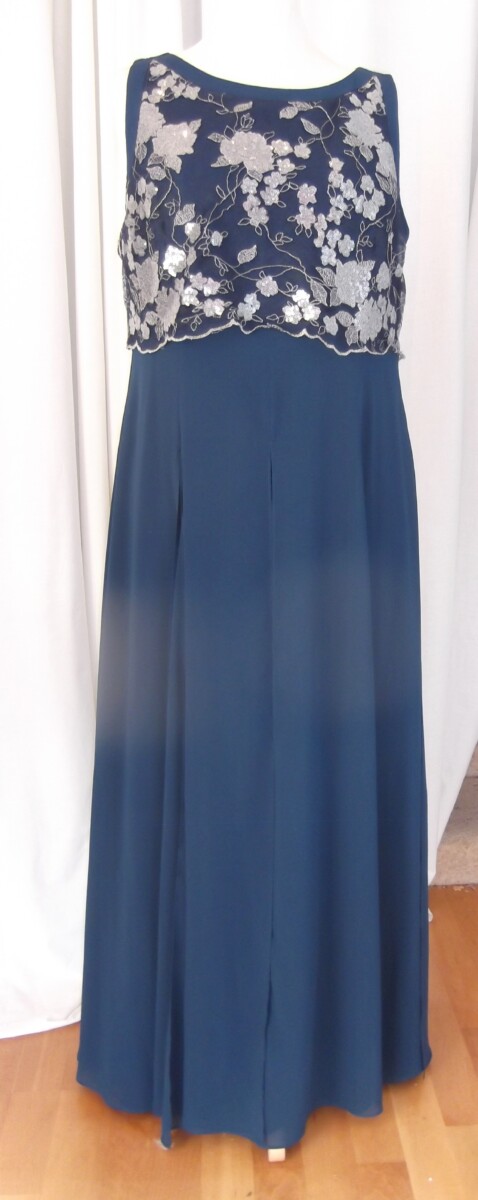 jacques vert JACQUES VERT COLLECTION MAXI DRESS OF PRUSSIAN BLUE CHIFFON LOOSE LACE BODICE SEQUINNED IN SILVER 8 LOOSE PANELS FOR FULLNESS