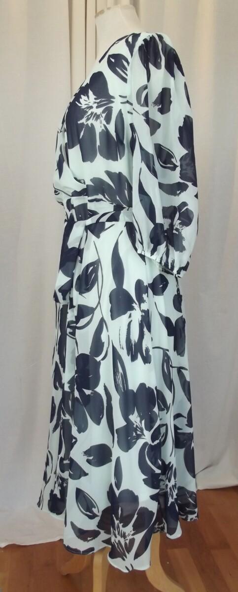 Jacques Vert JACQUES VERT COLLECTION MINT GREEN CHIFFON DRESS LARGE NAVY FLORAL SHADOW PRINT TRUE CROSS OVER BODICE