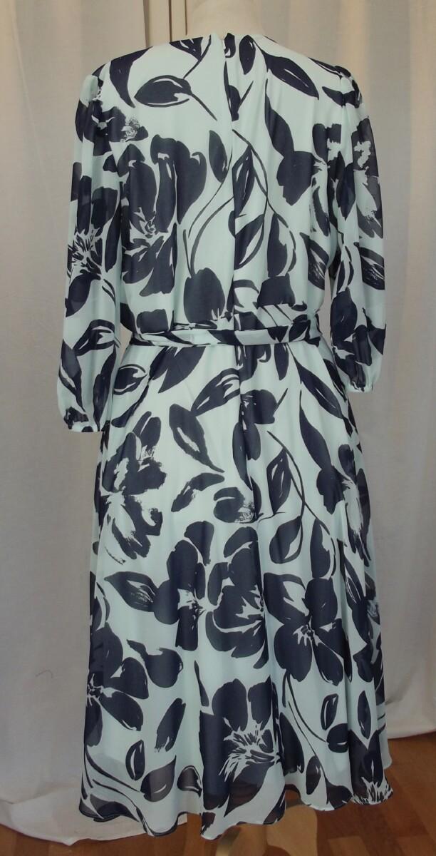 Jacques Vert JACQUES VERT COLLECTION MINT GREEN CHIFFON DRESS LARGE NAVY FLORAL SHADOW PRINT TRUE CROSS OVER BODICE