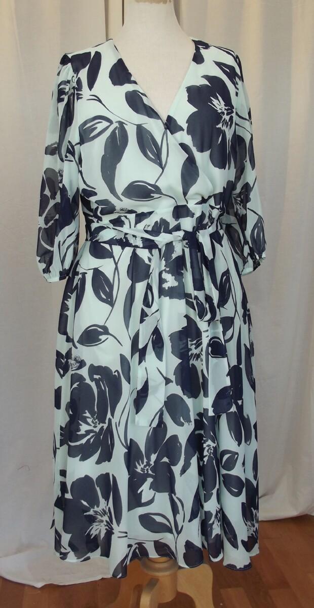 jacques vert JACQUES VERT COLLECTION MINT GREEN CHIFFON DRESS LARGE NAVY FLORAL SHADOW PRINT TRUE CROSS OVER BODICE