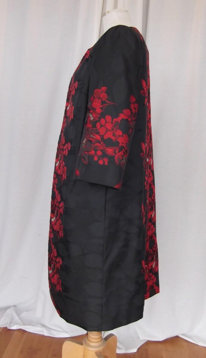 Jacques Vert JACQUES VERT COLLECTION MOIRE BLACK SHANTUNG DRESS & COAT WITH VIBRANT RED PLACEMENT PRINT