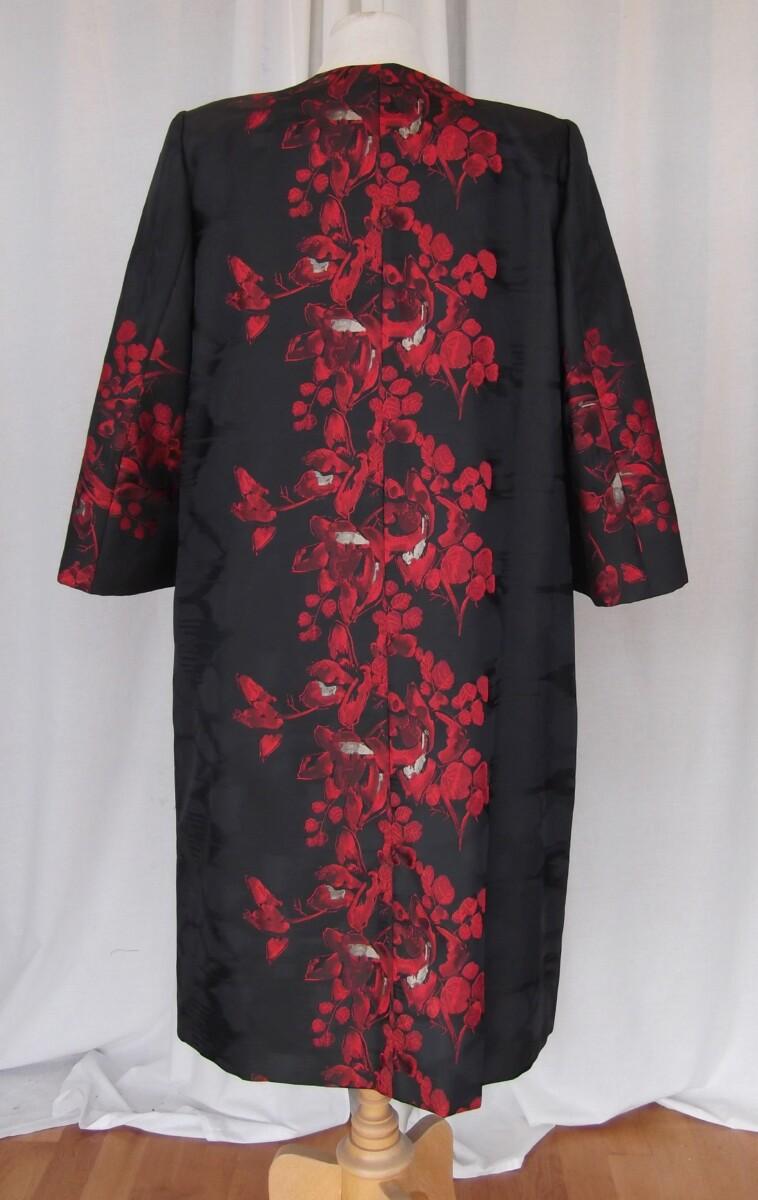 Jacques Vert JACQUES VERT COLLECTION MOIRE BLACK SHANTUNG DRESS & COAT WITH VIBRANT RED PLACEMENT PRINT