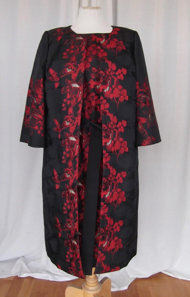 jacques vert JACQUES VERT COLLECTION MOIRE BLACK SHANTUNG DRESS & COAT WITH VIBRANT RED PLACEMENT PRINT