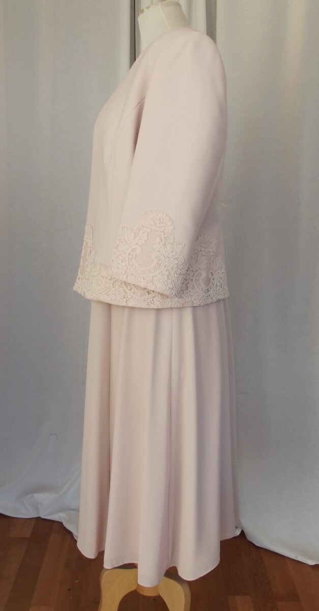 Jacques Vert JACQUES VERT COLLECTION MUSHROOM CREPE CHIFFON DRESS & JACKET EMBELISHED WITH LACE & CUT & DRAWN EMBROIDERY
