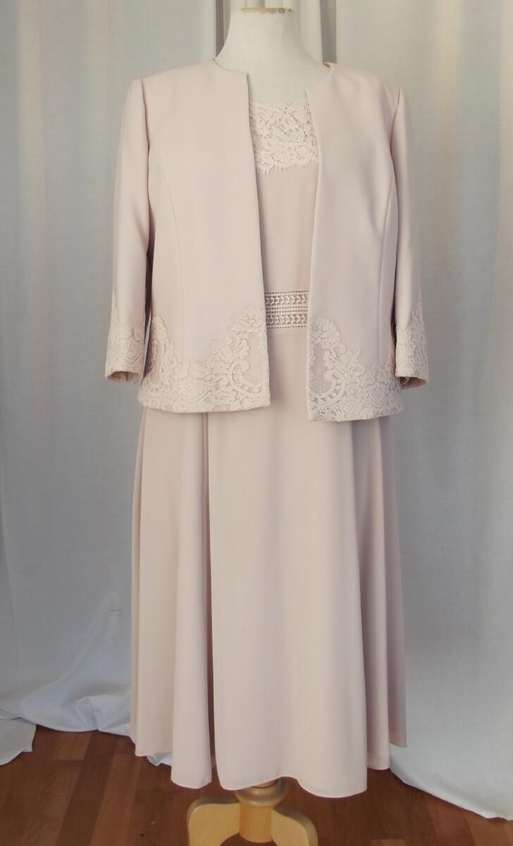 jacques vert JACQUES VERT COLLECTION MUSHROOM CREPE CHIFFON DRESS & JACKET EMBELISHED WITH LACE & CUT & DRAWN EMBROIDERY