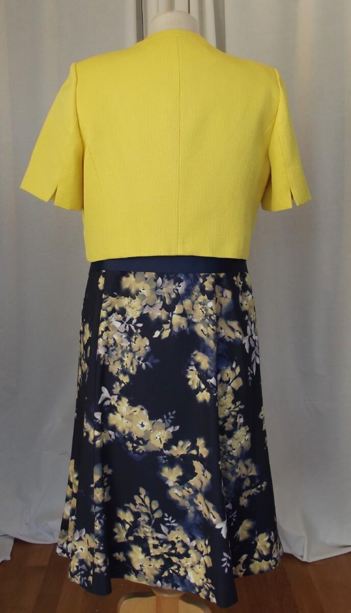 Jacques Vert JACQUES VERT COLLECTION NAVY BLUE DRESS WRAP OVER BODICE MUSTARD YELLOW FLORAL PRINT & MUSTARD YELLOW SHORT JACKET