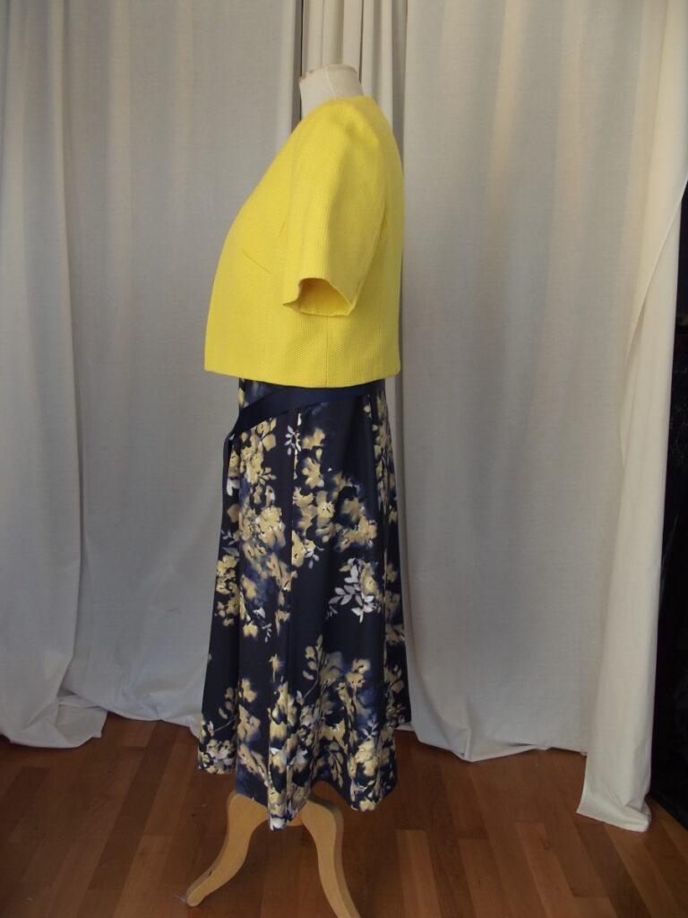 Jacques Vert JACQUES VERT COLLECTION NAVY BLUE DRESS WRAP OVER BODICE MUSTARD YELLOW FLORAL PRINT & MUSTARD YELLOW SHORT JACKET