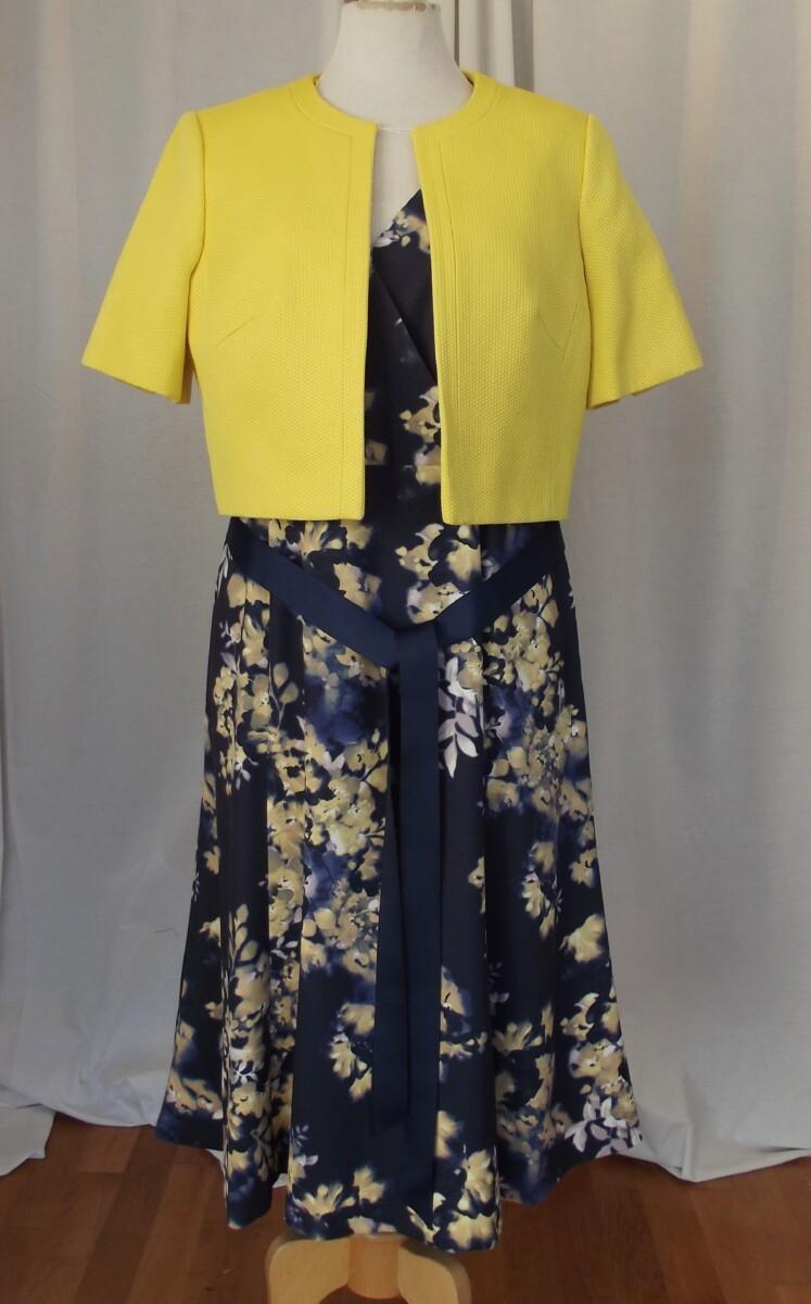 jacques vert JACQUES VERT COLLECTION NAVY BLUE DRESS WRAP OVER BODICE MUSTARD YELLOW FLORAL PRINT & MUSTARD YELLOW SHORT JACKET