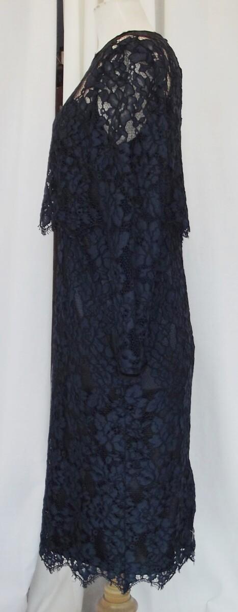 Jacques Vert JACQUES VERT COLLECTION NAVY ICONIC LACE FITTED DRESS WITH SHEER LACE LONG SLEEVES & LOOSE BODICE