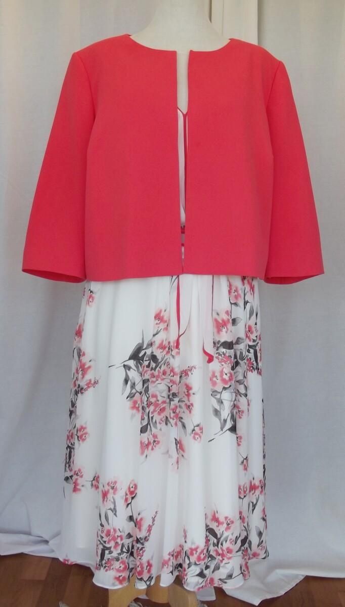 jacques vert JACQUES VERT COLLECTION OSAKA RANGE IVORY CHIFFON DRESS CORAL PINK BLOSSOM PRINT MATCHING CREPE JACKET