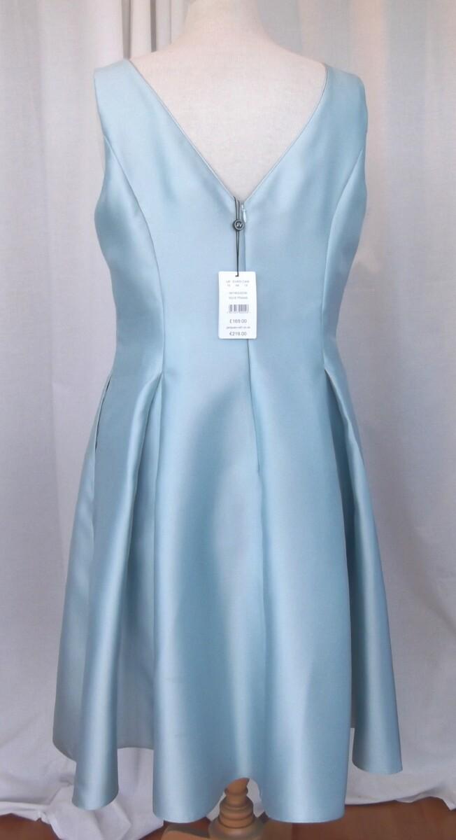 Jacques Vert JACQUES VERT COLLECTION PALE BLUE JACQUARD SHANTUNG PROM DRESS FIVE EMBROIDERED FLOWERHEADS ON FRONT