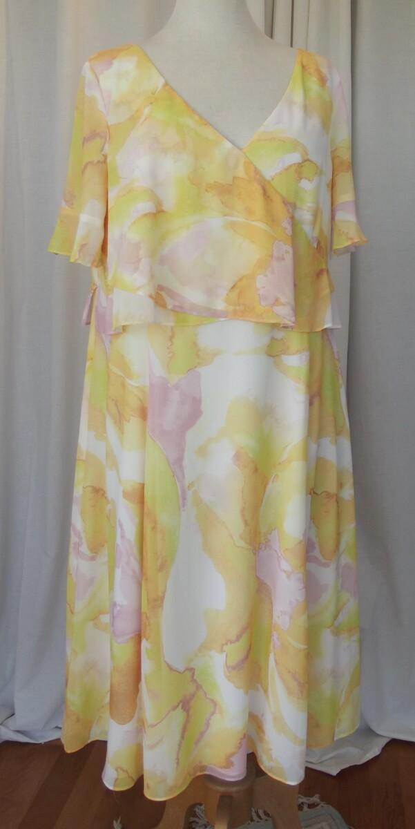 Jacques Vert JACQUES VERT COLLECTION PORTA BLOOM CHIFFON DRESS YELLOW WHITE & PINK ABSTRACT PRINT MUSTARD YELLOW JACQUARD SHORT JACKET