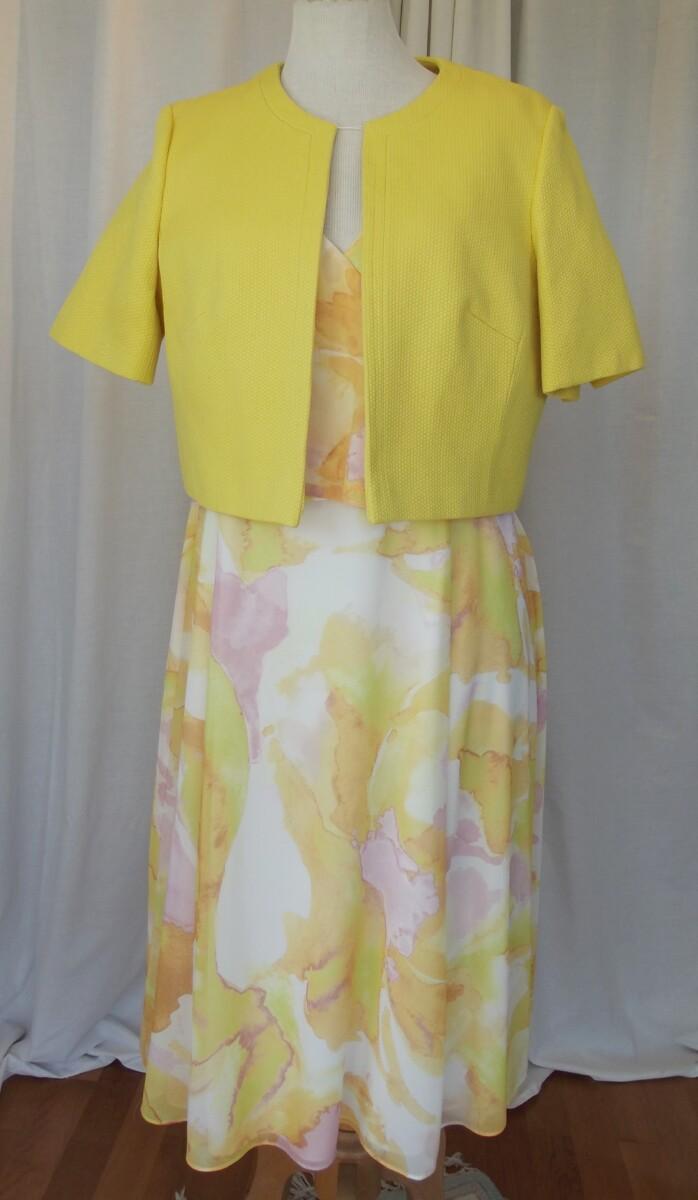 jacques vert JACQUES VERT COLLECTION PORTA BLOOM CHIFFON DRESS YELLOW WHITE & PINK ABSTRACT PRINT MUSTARD YELLOW JACQUARD SHORT JACKET
