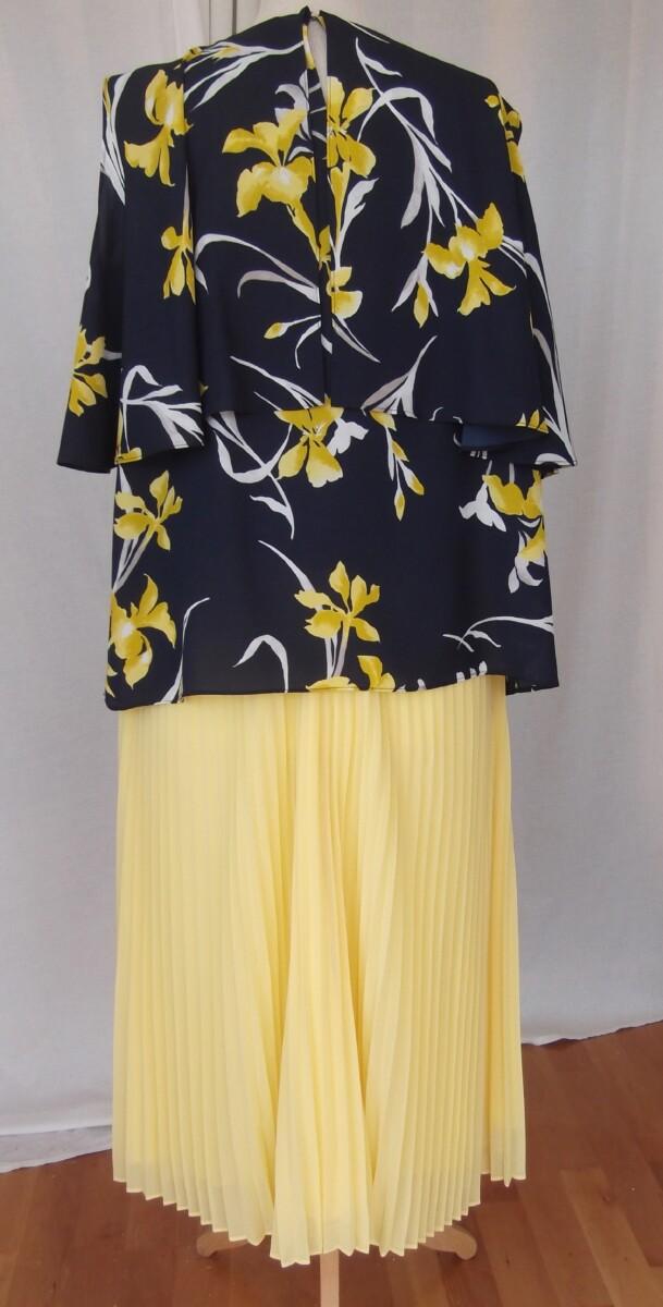 Jacques Vert JACQUES VERT COLLECTION “PORTO” RANGE NAVY FABRIC YELLOW IRIS PRINT COLD SHOULDER TOP & PORTO YELLOW SUNRAY PLEATED CREPE CHIFFON SKIRT