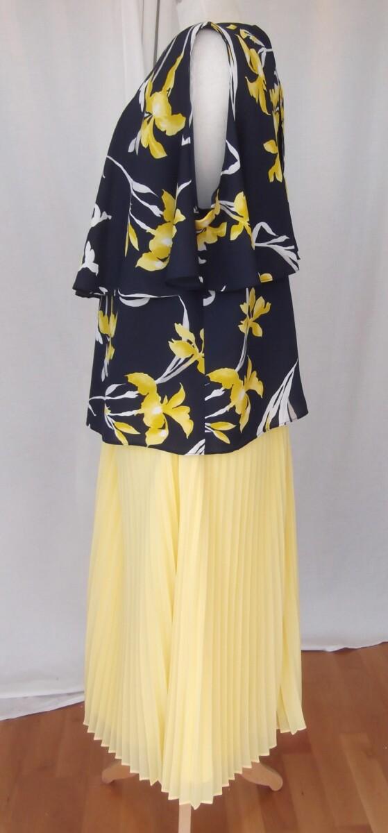 Jacques Vert JACQUES VERT COLLECTION “PORTO” RANGE NAVY FABRIC YELLOW IRIS PRINT COLD SHOULDER TOP & PORTO YELLOW SUNRAY PLEATED CREPE CHIFFON SKIRT