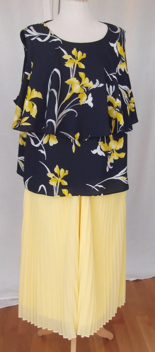 jacques vert JACQUES VERT COLLECTION “PORTO” RANGE NAVY FABRIC YELLOW IRIS PRINT COLD SHOULDER TOP & PORTO YELLOW SUNRAY PLEATED CREPE CHIFFON SKIRT