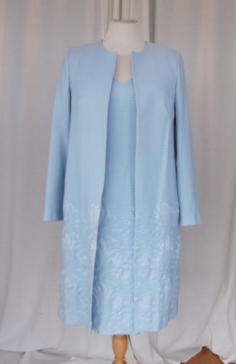 jacques vert JACQUES VERT COLLECTION POWDER BLUE JACQUARD FABRIC DRESS SIZE 16 & COAT SIZE 14