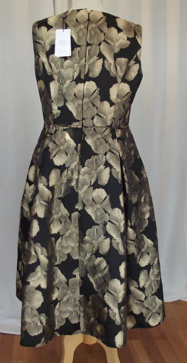 Jacques Vert JACQUES VERT COLLECTION PROM DRESS OF FIGURED ANTIQUE GOLD FLORAL PRINT ON BLACK JACQUARD SHANTUNG