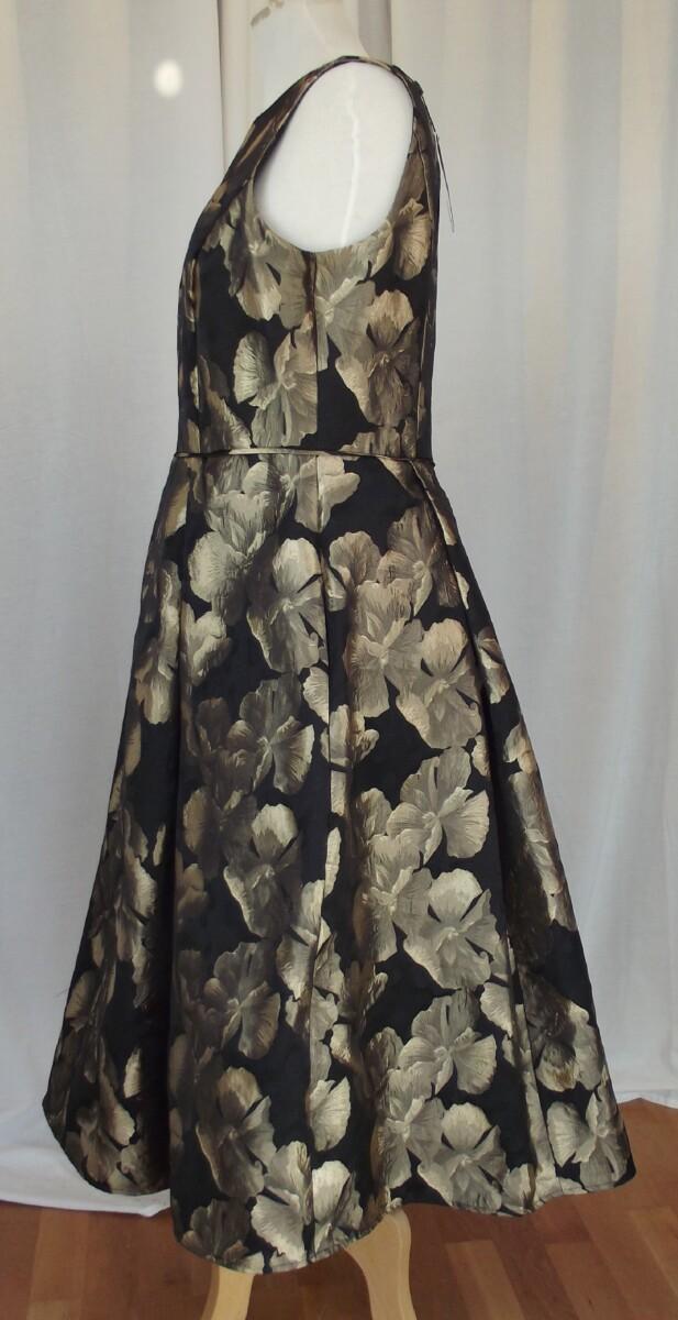 Jacques Vert JACQUES VERT COLLECTION PROM DRESS OF FIGURED ANTIQUE GOLD FLORAL PRINT ON BLACK JACQUARD SHANTUNG