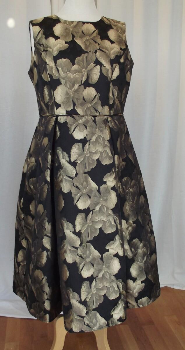 jacques vert JACQUES VERT COLLECTION PROM DRESS OF FIGURED ANTIQUE GOLD FLORAL PRINT ON BLACK JACQUARD SHANTUNG