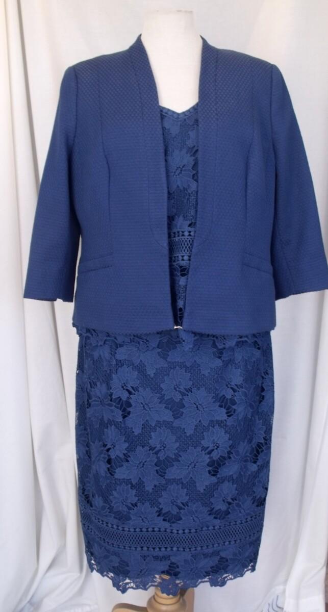 jacques vert JACQUES VERT COLLECTION PRUSSIAN BLUE FLORAL LACE SKIRT & TOP MATCHING PRUSSIAN BLUE POCKET DETAIL JACQUARD JACKET