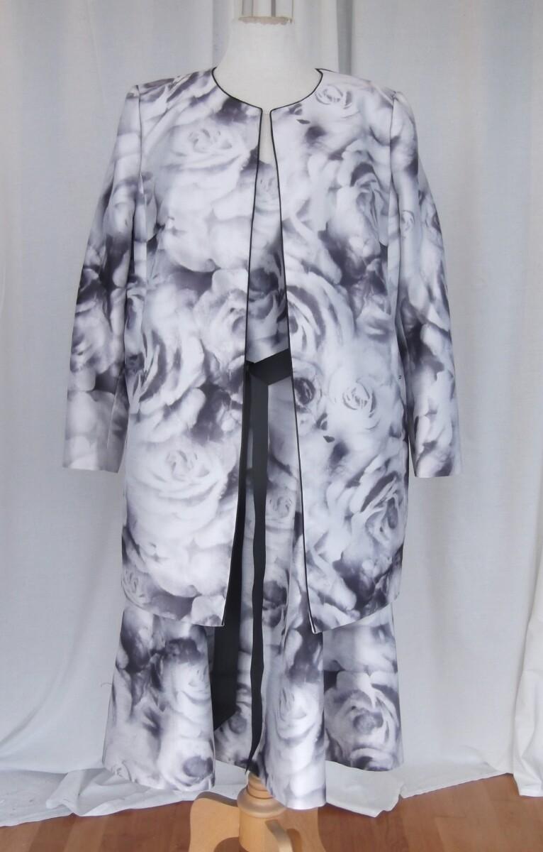 jacques vert JACQUES VERT COLLECTION SILVER GREY SHANTUNG BLURRED ROSEHEAD PRINT DRESS & MATCHING COAT