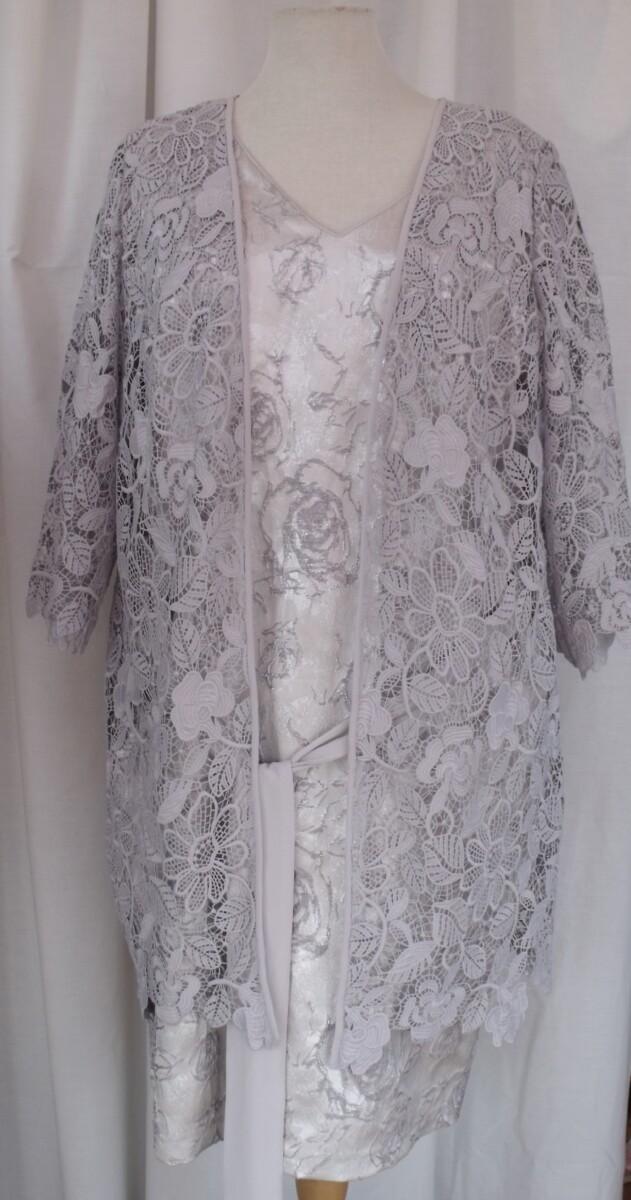 jacques vert JACQUES VERT COLLECTION SUBTLE SILVER JACQUARD SHANTUNG SHIFT DRESS & MID GREY LACE SHACKET