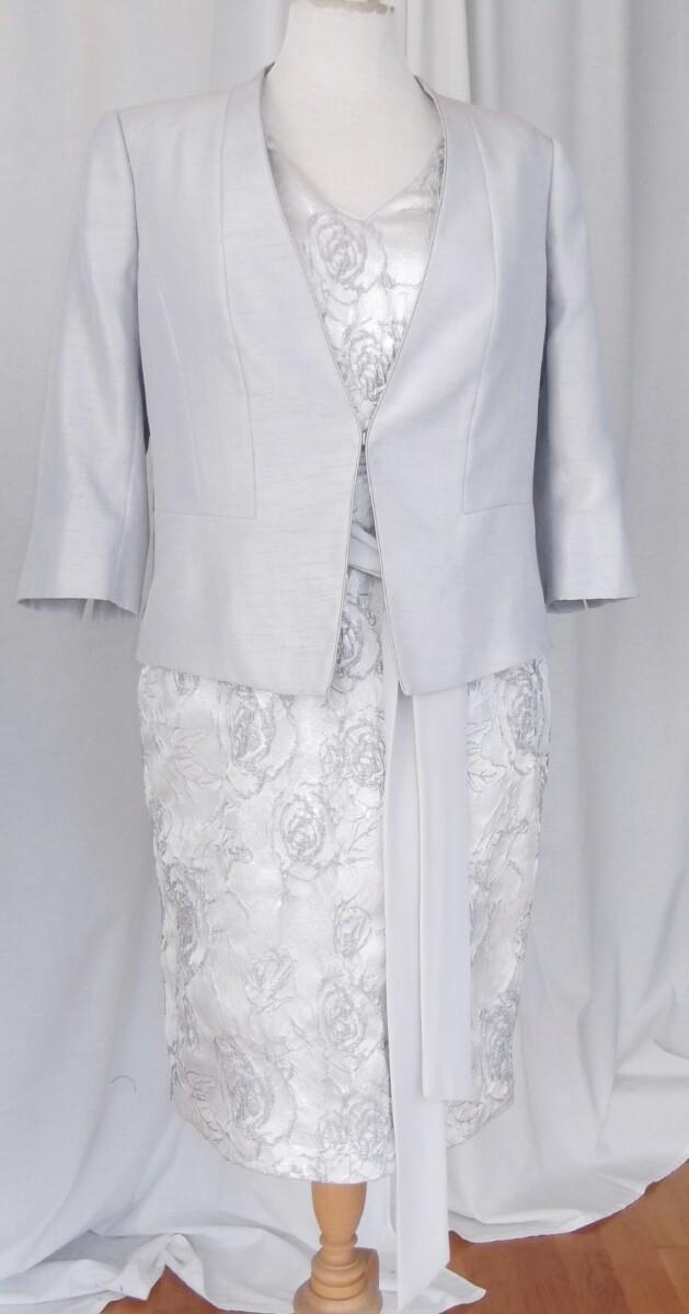 jacques vert JACQUES VERT COLLECTION SUBTLE SILVER JACQUARD SHANTUNG FLORAL SHIFT DRESS & SILVER SHANTUNG ANGLE EDGE JACKET