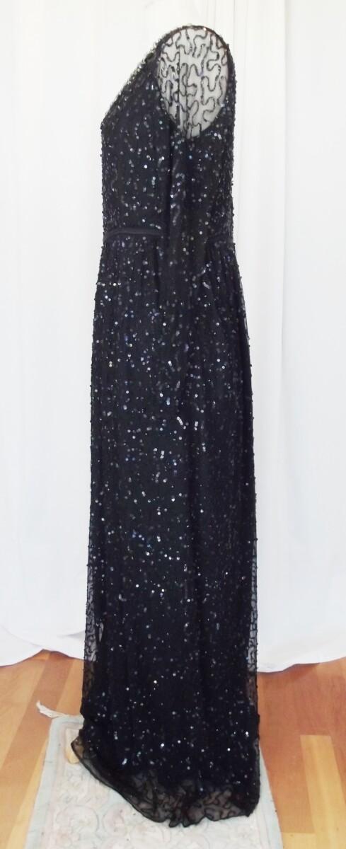 Jacques Vert JACQUES VERT FLOOR LENGTH LONG SLEEVED EVENING GOWN SEQUINNED & BEADED ON FINE BLACK NET