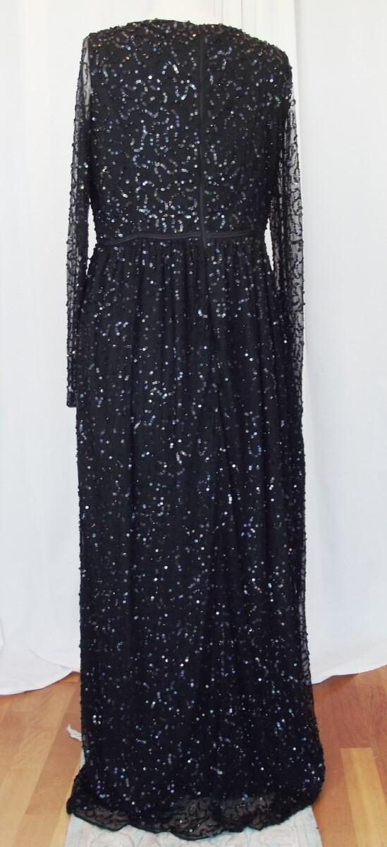 Jacques Vert JACQUES VERT FLOOR LENGTH LONG SLEEVED EVENING GOWN SEQUINNED & BEADED ON FINE BLACK NET