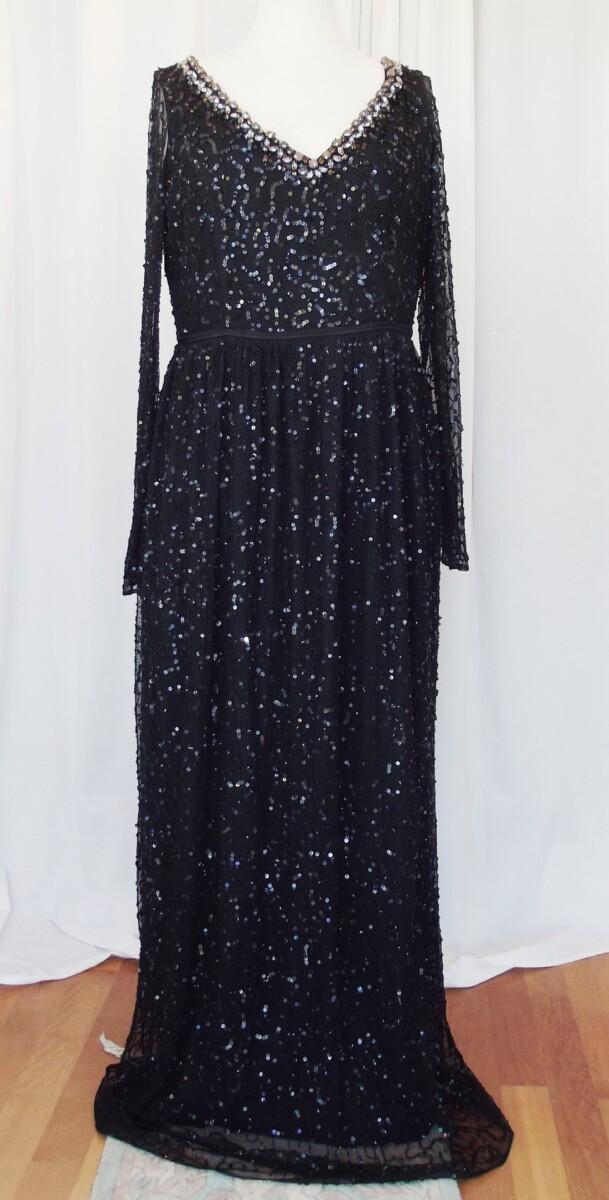 jacques vert JACQUES VERT FLOOR LENGTH LONG SLEEVED EVENING GOWN SEQUINNED & BEADED ON FINE BLACK NET