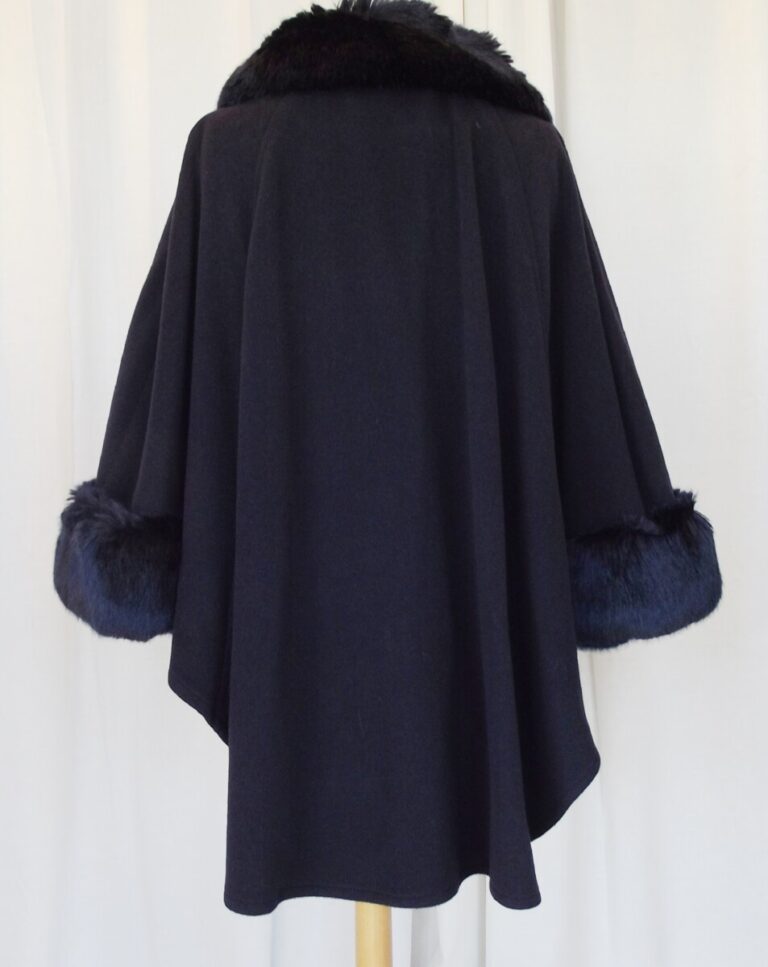 Jacques Vert JACQUES VERT ONE SIZE DARK BLUE CLOAK 76% WOOL 7% CASHMERE FAUX FUR COLLAR & CUFFS
