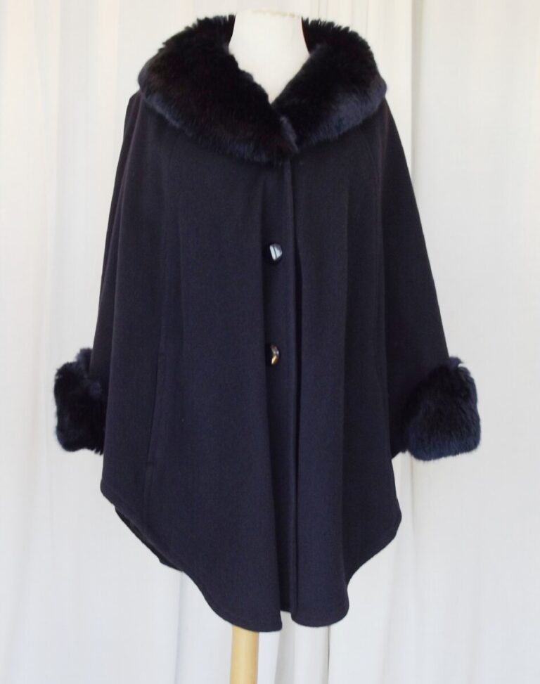 jacques vert JACQUES VERT ONE SIZE DARK BLUE CLOAK 76% WOOL 7% CASHMERE FAUX FUR COLLAR & CUFFS