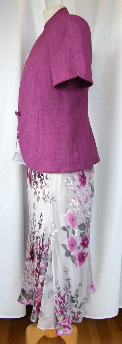 Jacques Vert “JEWEL” RANGE 45% SILK DEVORE SKIRT & TOP PEARL GREY & CERISE PRINT & CERISE WOVEN JACKET