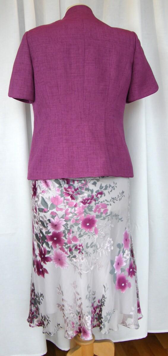 Jacques Vert “JEWEL” RANGE 45% SILK DEVORE SKIRT & TOP PEARL GREY & CERISE PRINT & CERISE WOVEN JACKET